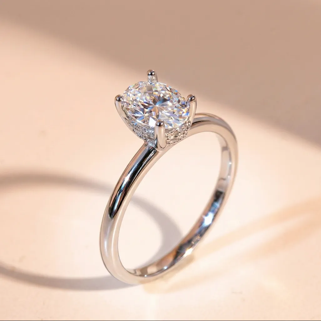 Nhẫn nữ bạc xi bạch kim đá mặt oval vĩnh cửu, sang trọng