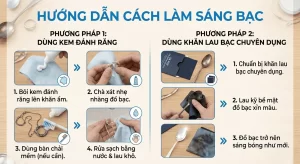 Ảnh hướng dẫn cách làm sáng bạc bằng kem đánh răng hoặc khăn lau bạc chuyên dụng.