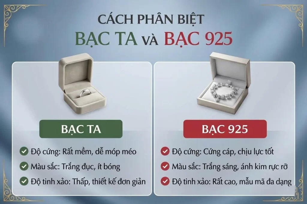 Cách phân biệt bạc ta và bạc 925 qua hình ảnh nhẫn bạc ta đơn giản và vòng tay bạc 925 đính đá tinh xảo